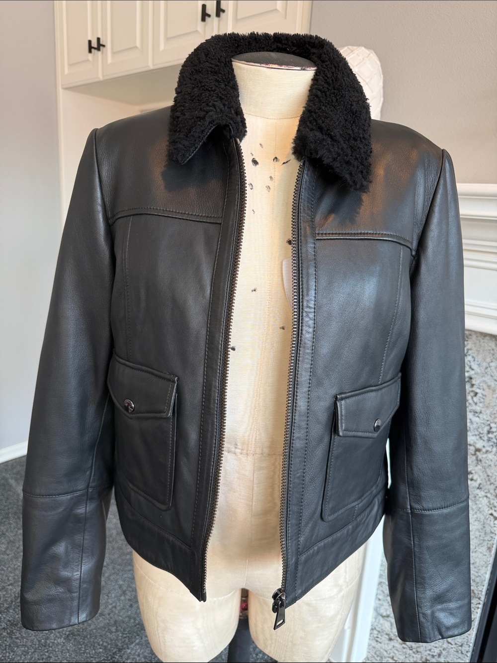 Ted Baker London Black Leather Jacket with Shearling Collar